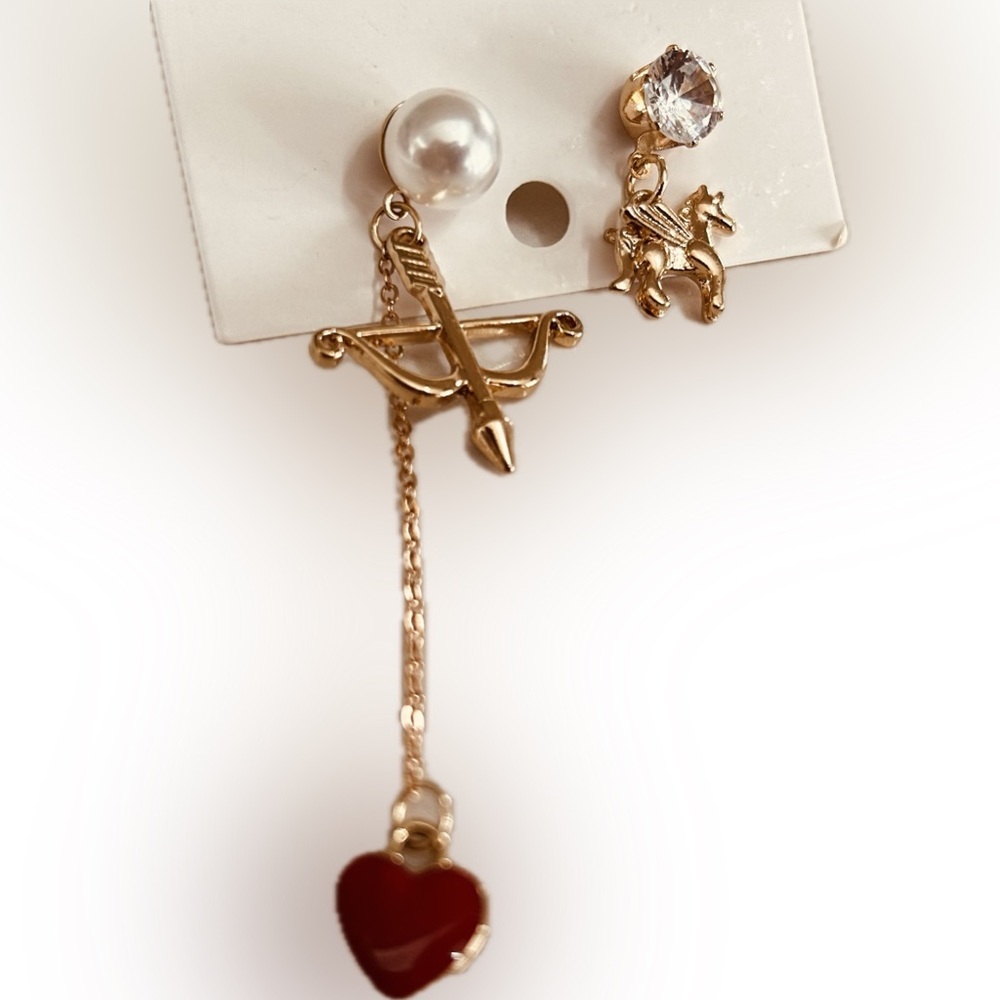 Gold-toned Cupid's bow & arrow & heart charmed Mismatched Fashion Drop earrings